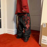 Shopmocho High Street Gothic Embroidered Men Black Red Pattern Y2K High Waist Jeans American Retro Street Couple Casual Pants