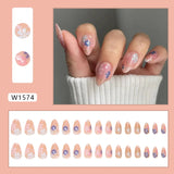 SHOPMOCHO 24pcs White Flower Fake Nail Tips Ins Yellow Pink Blush False Nails Wearable Full Cover European Almond Shaped Press on Nails