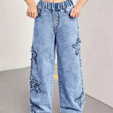 SHOPMOCHO Girl's Denim Pants, Y2K Five-Star Patch Embroidery Pattern Straight-Leg Denim Pants, Holiday-Style Pants