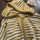 SHOPMOCHO Contrast Color Stripe Hood Knit Cardigan Women Autumn and Winter New Loose Design Sense Long Sleeve Cardigan Sweater Outerwear