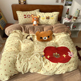 SHOPMOCHO Kawaii Bear Embroidered Winter Bedding Set Thickened Warm Milk Velvet Duvet Cover Set with Sheets Soft Flannel Quilt Cover Kit