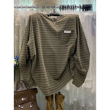 Shopmocho Loose Long Sleeve Striped T-Shirt Women's Fashionable Retro Korean Style Casual Top Thin Medium Length Lazy Style T-Shirt