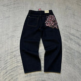 SHOPMOCHO Leopard print hem jeans 2000s American casual jeans high waist straight wide leg jeans Harajuku retro women's clothing