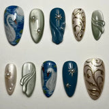 SHOPMOCHO 24Pcs Black Y2k Long False Nails with Almond Head Design Cat's Eye Silver Stripe Pattern Press on Fake Nails Wearable Nail Tips