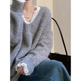 Shopmocho Lace Trim Warm Sweater For Women V Neck Long Sleeve Winter Loose Soft Top