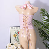 Shopmocho Chic Pink Pleated Sleeveless Tops Fashion Lace Up Off Shoulder Slim Fit Halter Vest New Women's Summer Vacation Party Top 2025