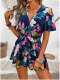 Shopmocho Printed V-neck Short Sleeve Jumpsuit Women Loose High Waisted Jumpsuit Beach Vacation Comfortable Summer Clothes