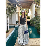 SHOPMOCHO  Women Gray Star Stamp Baggy Wide Leg Sweatpants American Embroidery Pants Harajuku 2000s Style Vintage Y2k Dance Trouse