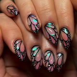 SHOPMOCHO Red Y2K Wearable Nail Art Chic Silver Butterfly Love Metal Bead Almond False Nails Detachable Finished Fake Nails Press on Nails