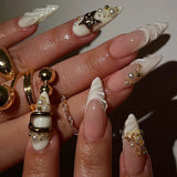 SHOPMOCHO 24Pcs Black Y2k Long False Nails with Almond Head Design Cat's Eye Silver Stripe Pattern Press on Fake Nails Wearable Nail Tips