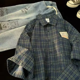 Shopmocho Japanese Vintage Plaid Short Sleeve Shirt Men's Streetwear Loose Fit Casual Stylish Versatile Half Sleeve Underwear