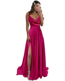 Shopmocho Satin Prom Dresses Pockets Draped Neck Long Formal Evening Gown Spaghetti Strap A line Bridesmaid Dress Lace Up Back with Slit
