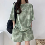Shopmocho Women T-Shirt Shorts Suit Set Casual Tie Dye Loose tshirt and wide leg middle shorts with pockets female Soft Summer Shorts Sets