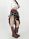 SHOPMOCHO Women's A-line Plaid Skirt Vintage Fashion Aesthetic Y2k Asymmetrical Mini Skirt Harajuku Korean Skirt 2000s Clothes Summer