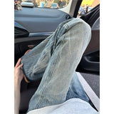 SHOPMOCHO Vintage Men's Jeans Man Pants High Street Washed Denim Blue Jeans Straight Leg Slight Flare Casual Trousers