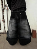 SHOPMOCHO American Fashion Printing Jeans Hip Hop Baggy Cross-legged Jeans Grey Wash Straight Mop Pants Men and Women