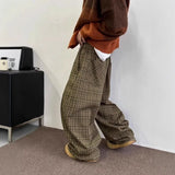 Shopmocho Loose Wide Leg Casual Pants Men Women Vintage Japanese Style Plaid Loose Trousers Spring Autumn Fashion Drapey Floor-Length