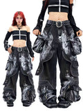 SHOPMOCHO American Oversized Retro Pocket Folding Jeans For Men And Women Washed Tie Dye Heavy Industry Gothic Hip-Hop Zipper Loose Jeans