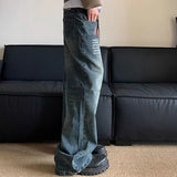 SHOPMOCHO Korean Version Retro Letter Printed Jeans For Men Loose Straight Leg Wide Leg Pants High Street Hip-Hop Design Casual Pants