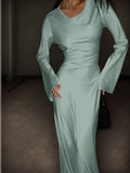 Shopmocho Women's Bespoke Satin Maxi Dress with Corset Waist Tie Classic Round Neck & Dramatic Flared Sleeves Luxury Evening Dress