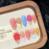 Shopmocho 10pcs French Almond Press on Nails Flower False Nails Wearable Stick-on Nails Fake Nail Uñas Postizas Mujer Накладные Ногти 네일팁