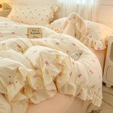 Shopmocho 2025 INS Princess Style Bedding Sets Ruffle Lace Bow Quilt Cover Romantic Bedclothes Decor Woman Girls Bedroom Duvet Cover 4pcs