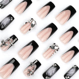 Shopmocho 24pcs Glossy Black Fake Nails For Spicy Girls Shimmery Rhinestone French Style Cross Press On Nail Mid-length Coffin Cool Nails