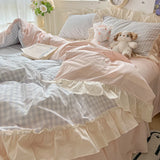 Shopmocho Korean Princess Style Bedding Set Soft Skin-friendly Lattice Lace Ruffles Quilt Cover Plaid Style Duvet Covers Set Pillowcases