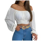 SHOPMOCHO Off Shoulder Shirts Puff Long Sleeve Y2K Crop Tops Summer Clothes Women 2026 Black White Blouse Bandage Elegant Sexy Women Shirt