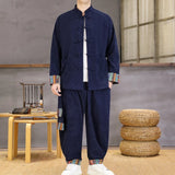 SHOPMOCHO Chinese Style Men Casual Set Ethnic Two Piece Cotton Comfort Stand Collar Jacket Retro Frog Buttons Cuff Ethnic Print Loose Fit