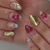SHOPMOCHO 24Pcs Short Almond Fake Nails Butterfly Wings Nail Art with Glue Glitter Flower False Nails Acrylic Autumn Winter Press on Nail