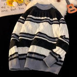 Shopmocho American autumn and winter street fashion personalized jacquard round neck pullover for couples loose retro color blocked knit
