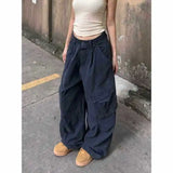 SHOPMOCHO Washed Cotton Cargo Pants Women's Loose Wide Leg Street Dance Long Trousers Multi Pocket Workwear High Waist Casual Pants