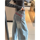 SHOPMOCHO Women American Vintage Light Blue Wide Leg Jeans Y2K Contrast Stitch Embroidered Streetwear Loose Casual Pants