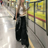 SHOPMOCHO Y2K American Black Retro Hip-Hop Spliced Plaid Belt Hot Girl Loose Casual High Waist Women Wide-Leg Quick-Drying Sweatpants