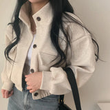 Shopmocho Autumn Winter Loose Woolen Coat Women Large Size with Pockets Small Stand Collar Long Sleeve Button Hong Style Women's Clothing