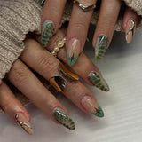 SHOPMOCHO 24Pc Green Cat Eye French Fake Nails with 3D Metal Line Sun Press on Nails Wearable Short Almond Artificial Nail Full Cover Nail
