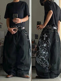 SHOPMOCHO American Fashion Printing Jeans Hip Hop Baggy Cross-legged Jeans Grey Wash Straight Mop Pants Men and Women