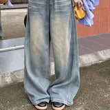 Shopmocho Spring Autumn Vintage Chicly Button Jeans Women American Simple Baggy High Waisted Denim Pants Washed Y2K Wide Leg Jean Trousers