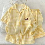 SHOPMOCHO Y2K Embroidery Plaid Dachshund 2PC Set Women's Pajamas Sweet Cute Short Sleeve Shorts Pajamas Lapel Neck New Summer Homewear