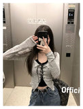 SHOPMOCHO Korean Two Piece Set Lace-up Cardigan with Cami Women's Sexy Slim Y2K Crop Long Sleeve Criss Cross Knit Tops Acubi Outfit