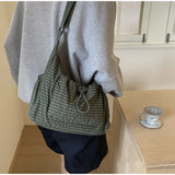 Shopmocho Korean Nylon Shoulder Bag Fashion Simple Plaid Zipper Tote Bag Drawstring Pleated Cloud Bag New Commuter Crossbody Shoulder Bag