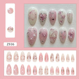 Shopmocho 24pcs Sweet False Nail Patches Detachable Fake Nail Tips With Bowknots Love Heart Pearl Design Pink Almond Korean Press On Nail