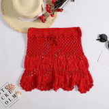 Shopmocho Handmade Crochet Hollow Out Swimwear Cover Up Solid Color Drawstring Short Skirt Women Holiday Knitting Sweet Beachwear