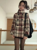 Shopmocho Warm Checkered Turtleneck Shoulder Straight Coat Women Double Breasted Full Sleeve Middle Long Coat Lady Autumn Winter Chic Coat