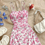 Shopmocho New French Floral Slip Dress for Women Spring Summer Sexy Temperament Backless Mini Dresses Vacation Style Sling Beach Skirt