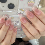 Shopmocho 24Pcs Glitter Diamond Press On Nails Sweet Cute Girl Acrylic Nails Full Cover Short Square Fake Nails Wearable Manicure Nail Tip