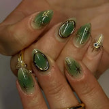 SHOPMOCHO 24Pc Green Cat Eye French Fake Nails with 3D Metal Line Sun Press on Nails Wearable Short Almond Artificial Nail Full Cover Nail
