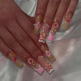 Shopmocho 24pcs Fresh Long Coffin Fake Nails Yellow French Style Flower Printed Metal Butterfly Designs Press On Nails Summer False Nail