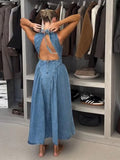 Shopmocho Trendy Women's Summer Denim Dresses Backless Sleevess Long O-Neck Dress Female Vintage Washed Blue Casual Daily Beach Streetwear